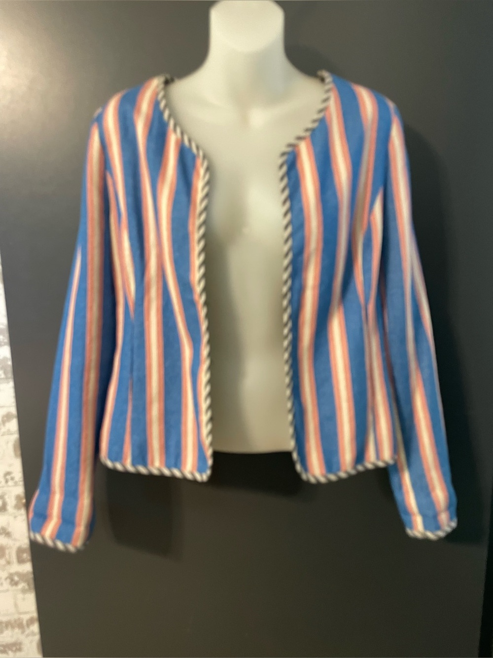 NÜMPH Blue Pink Striped Cotton Open Front Jacket Blazer UK 12 Boho coastal - Picture 3 of 10